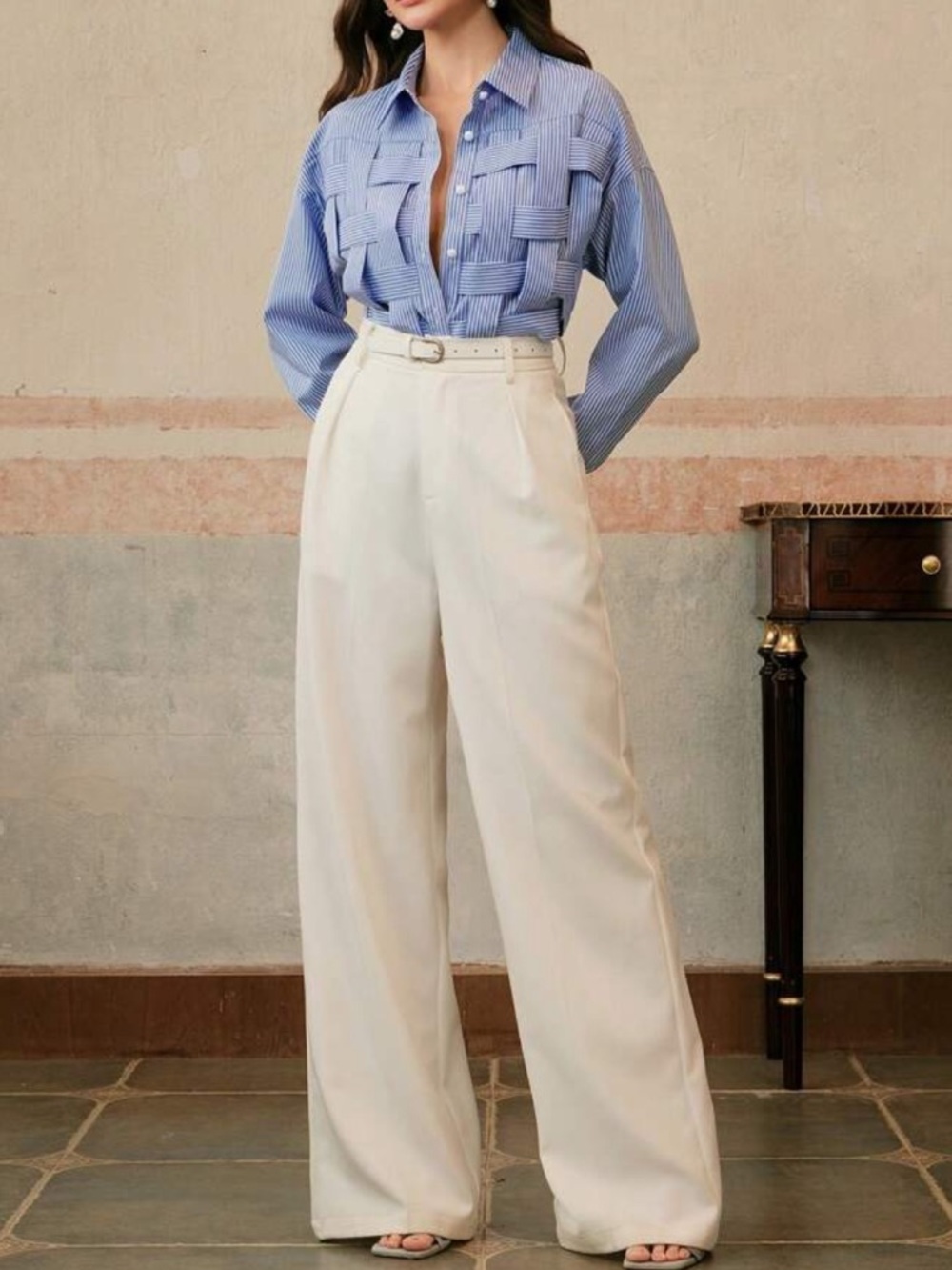 Classic Unique Panel Button Up Down Front Shirt Top Blouse Blue White - Picture 3 of 14